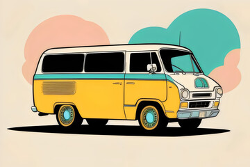 a image of a cartoon illustration of an unbranded fictional 1970s retro vintage van, camper van, shagging wagon,   Hippie, Groovy, Colorful, Funky, Psychedelic, Adventure, Travel, Freedom, Roadtrip, 