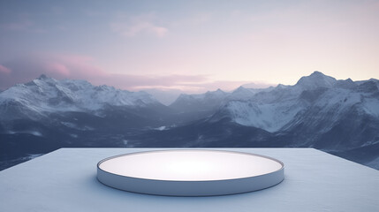 Minimalist Winter Podium with Snowy Mountain Background and Copy Space