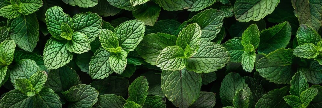 Many mint leaves texture background, fragrant spices pattern, Mentha piperita mockup, peppermint banner