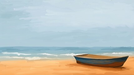 Naklejka premium Serene beach landscape with a wooden boat sitting on the sand at the water's edge.
