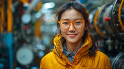 Obraz premium Cheerful young female engineer wearing a yellow jacket and stylish orange glasses in an industrial setting