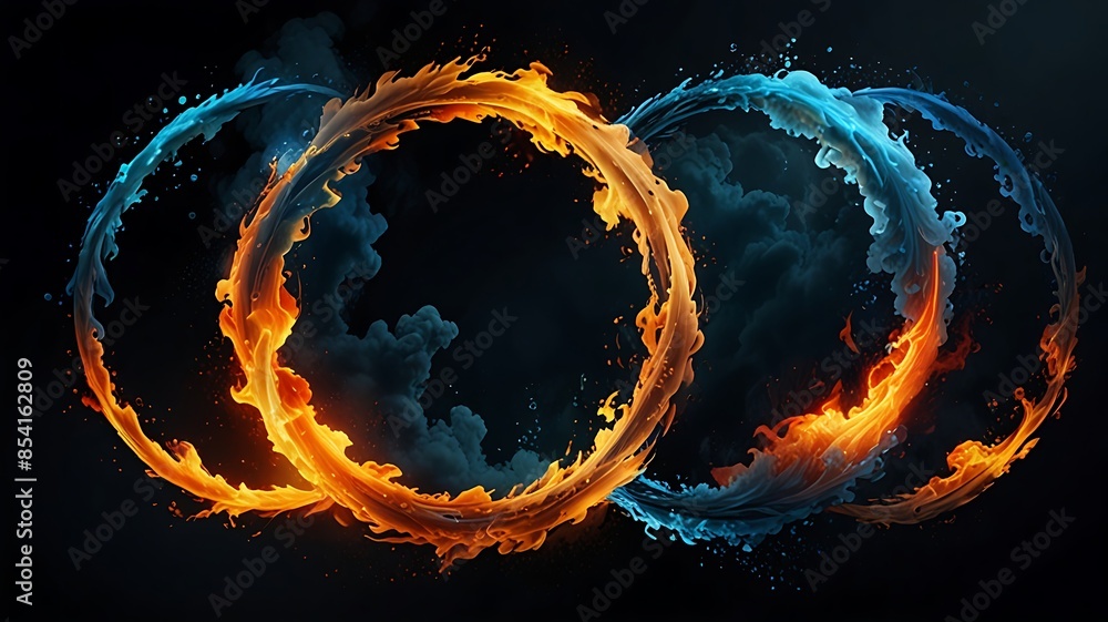 Wall mural two rings, one of fire and the other of water, intertwine against a dark backdrop, symbolizing the u