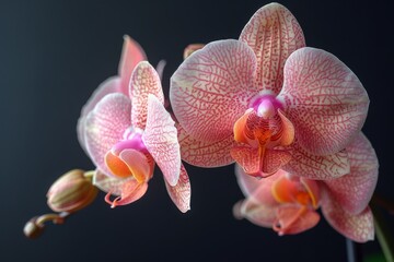 Pink and White Orchid Blooms on a Black Background
