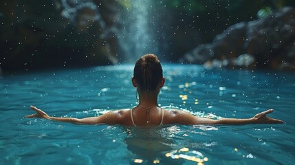 A woman stretches her arms wide open in a serene, scenic natural waterhole surrounded by forest