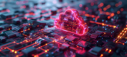Glowing cloud symbol integrated within an intricate electronic circuit board, symbolizing cloud computing concepts.