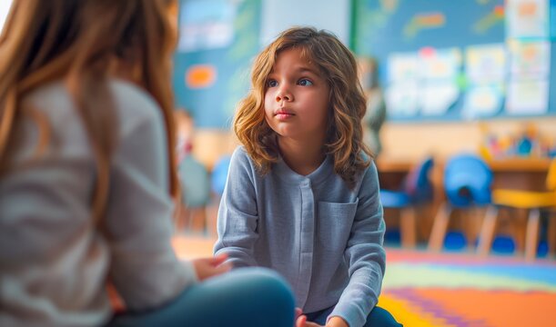 Elementary school student talking openly with a supportive teacher in a colorful classroom setting.