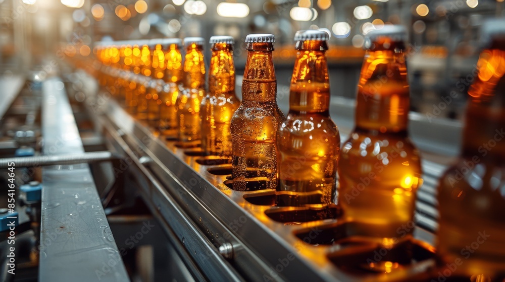 Poster a vibrant image showcasing rows of illuminated beer bottles in a brewery production line, highlighti