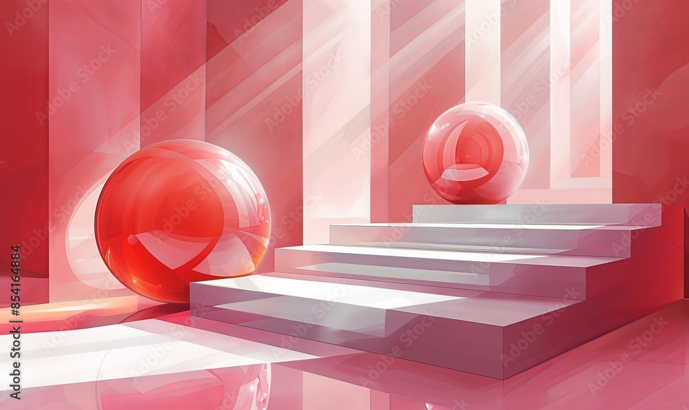Poster illustration of geometric shapes and forms of shiny spheres on square platform near wall in red and 