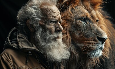 Naklejka premium Elderly bearded man in a jacket next to a huge lion on a black background