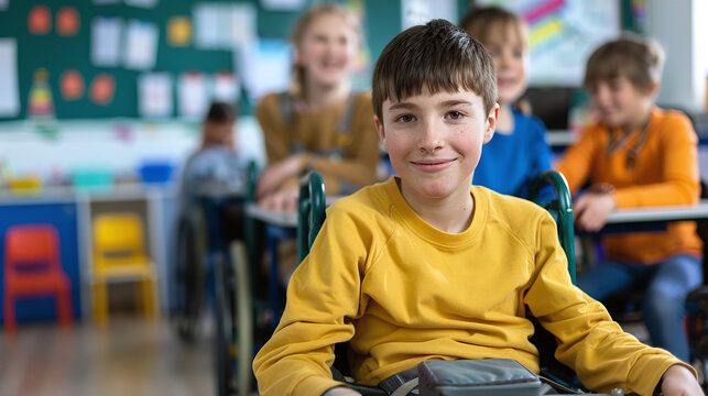 disabled little primary school boy in wheelchair happy in classroom, diversity and inclusion