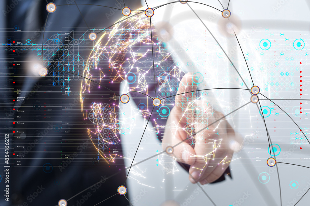 Poster Neural network 3D illustration. Big data and cybersecurity