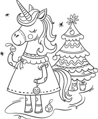Hand drawn illustration of unicorn with Christmas tree. Coloring page for kids.
