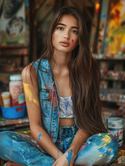 Young Female Artist in Paint-Splattered Clothing in Art Studio
