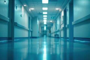 Blurred hospital corridor with a light blue colored background Generative AI