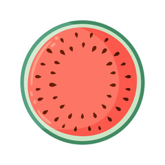 Watermelon slice with vibrant green rind and red flesh with black seeds. Flat vector illustration. Summer fruit drawing for food graphic, menu, icon, logos postcard, greeting card, invitation or print
