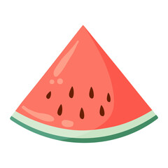 Watermelon slice with vibrant green rind and red flesh with black seeds. Flat vector illustration. Summer fruit drawing for food graphic, menu, icon, logos postcard, greeting card, invitation or print