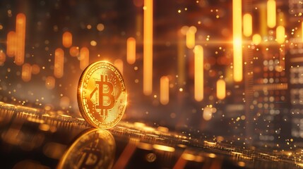 A golden Bitcoin stands prominently against a backdrop of glowing charts and data, symbolizing the dynamic nature of cryptocurrency markets.
