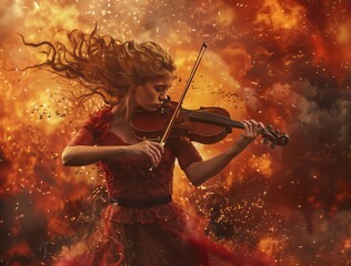 Fototapeta premium A woman passionately plays the violin amidst a dramatic backdrop of swirling flames and smoke, creating an intense and dynamic scene.