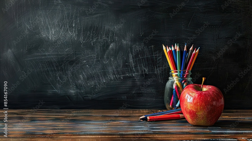 Sticker education and back to school concept. pencils stand as bus over wooden desk infront of classroom blackboard. AI generated illustration