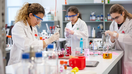 Fototapeta premium a group of STEM students wearing safety goggles and a lab coat in class