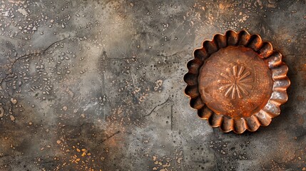 Antique copper cookie mold on concrete backdrop with space for text