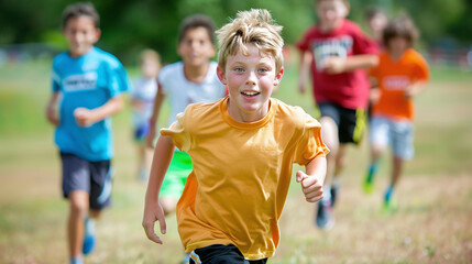 Fototapeta premium kids playing sprint race with friends outdoors, summer camp activities