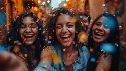 Three joyful friends surrounded by colorful confetti, expressing happiness and celebration together in a vibrant close-up shot