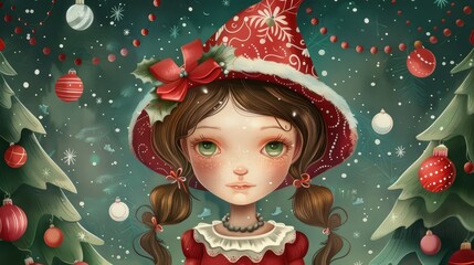 A whimsical illustration featuring a charming girl dressed in a festive Christmas costume