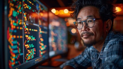 A focused man wearing glasses analyzes complex financial charts and data on multiple computer screens