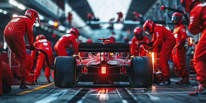 Formula One Race Car Pit Stop with Crew in Red Jumpsuits, Competition and Teamwork Concept