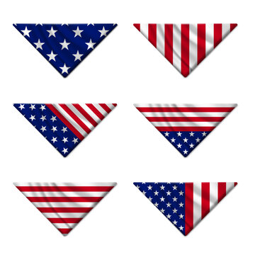 Folded USA flag. Set of American flags folded into a triangle isolated on white background. Concept Memorial Day, Independence Day, July 4th. Flat lay, Top view. Vector illustration.
