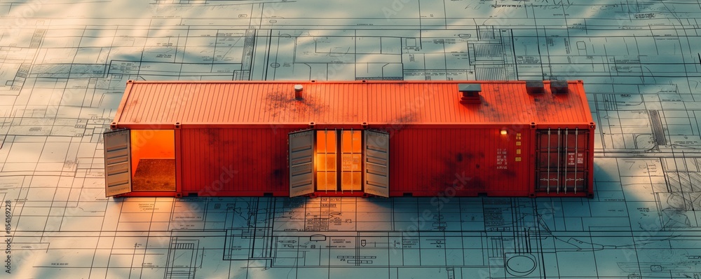 Aufkleber sunset light casting on a red shipping container over architectural blueprints