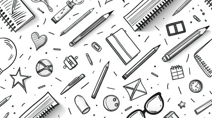 Obraz premium School supplies seamless pattern. Education accessories pencil and pen notebook black line doodle cartoon isolated on white background creative design textile. AI generated illustration