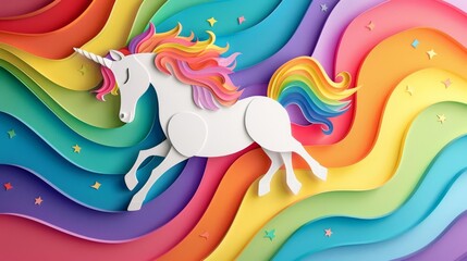 Obraz premium Paper style illustration for Pride Month featuring an LGBTQ unicorn under a vibrant rainbow, perfect for festive decor
