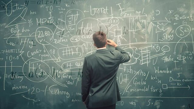 Smart mathematician reviewing math formulas on the chalkboard, he is focused, thinking and trying to solve a problem math formula equations. He think about solution and try to understand  4k