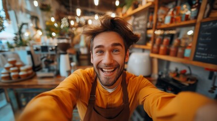 Obraz premium Smiling man in a cafe taking a selfie with a blurred background of shelves and lights