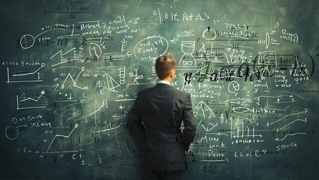 Smart mathematician reviewing math formulas on the chalkboard, he is focused, thinking and trying to solve a problem math formula equations. He think about solution and try to understand  4k
