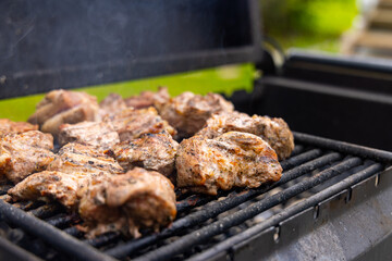 Close-up of meat grilling on a hot grill, with smoke rising from the cooking meat.