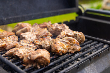 A close-up shot of meat grilling on a barbecue grill. The meat is browned and has grill marks. The grill is heated and the meat is giving off steam.