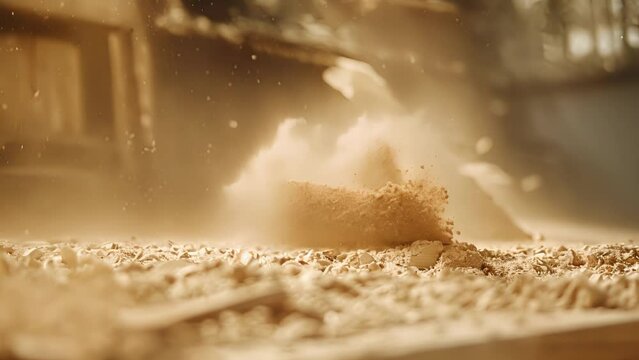 Fuzzy forms surrounded by sawdust in a studio