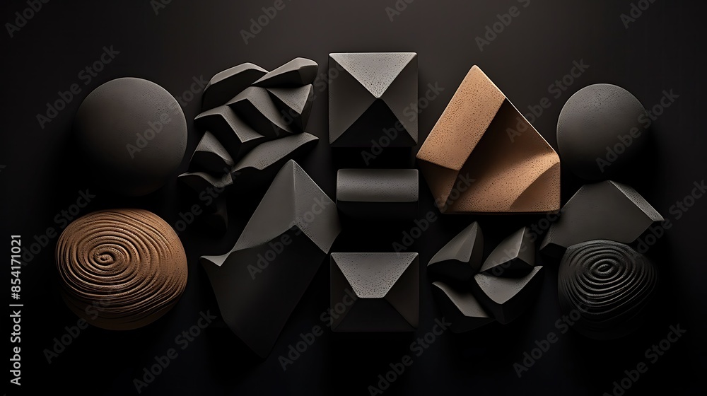 Poster 3d rendering of a variety of geometric shapes in a dark background. the shapes are made of different