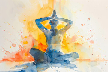 A dynamic watercolor painting of a yogi on a white background.