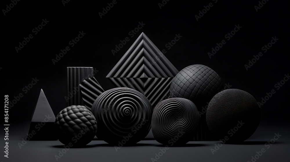 Poster 3d rendering of a set of black geometric shapes on a black background. the shapes include spheres, c