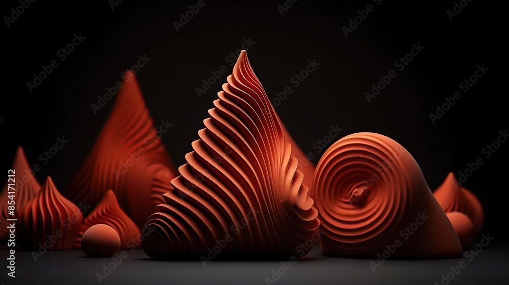 Poster 3d rendering of a group of abstract shapes. the shapes are various shades of red and orange, and the