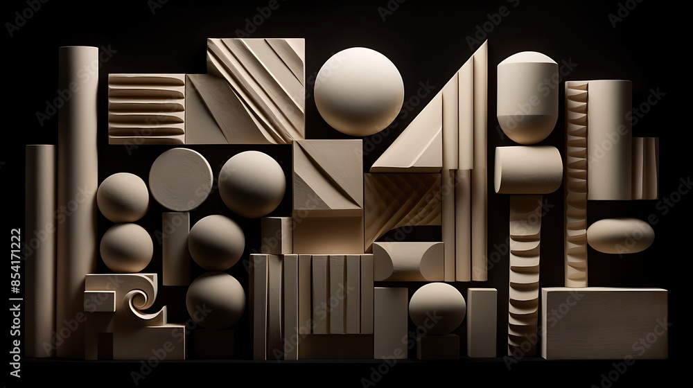 Poster 3d rendering of a variety of geometric shapes in a cream color on a black background.