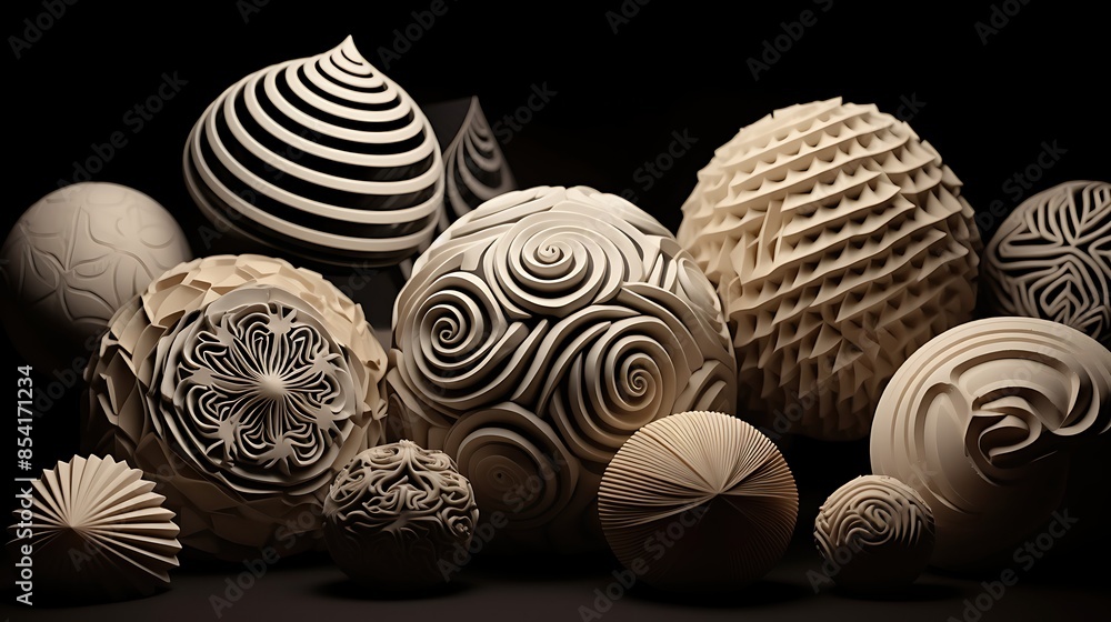 Poster a variety of 3d spheres with different patterns and textures sit on a dark surface.