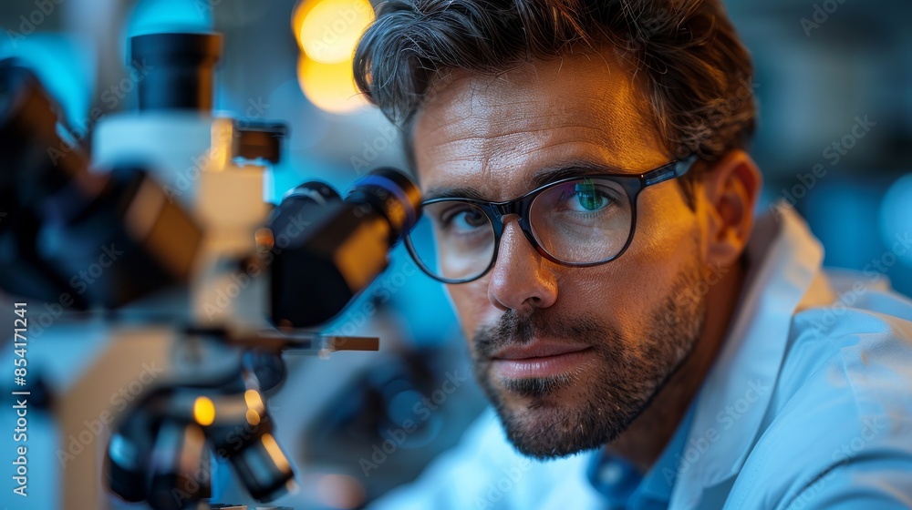Poster a male scientist with glasses intensely studies a sample using a microscope in a laboratory