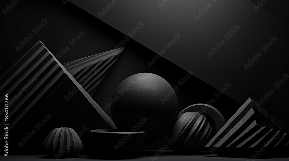 Poster 3d rendering of a dark and mysterious scene. black geometric shapes are arranged in a haphazard way,
