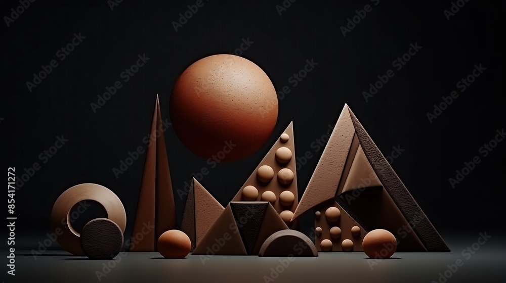 Poster 3d rendering of a surreal abstract landscape with geometric shapes. the background is dark and the f