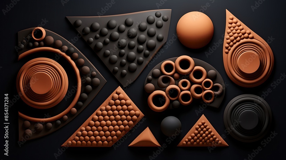 Poster 3d rendering of abstract geometric shapes in warm colors on a dark background.